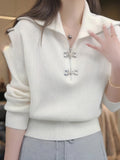 2025 New Autumn And Winter Korean Version Of The Pure Color Simple Half-String Knitted Shirt Commuter Small Long-Sleeved Sweater Woman