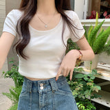 Solid Color Short-Sleeved T-Shirt Women 2025 Summer New Hong Kong Wind Chic Design Round Collar Short Elastic Sympath