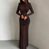 New Fashion Solid-Colored Round-Neck Long-Sleeved Wrinkled Dress In Autumn/Winter 2025