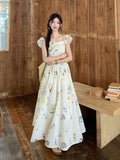 Broken Flower Short-Sleeved Dress Women's Summer French Way To Receive Waists Thin Back Small Flying Sleeve Long Skirt Sweet Wind