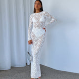 2025 Summer New Women's Pure Color Lace Perspective Long Sleeve Long Dress
