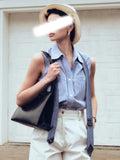 Summer New Sleeveless Shirt Striped Casual Right Angle Shoulder Shirt London Street Simple Wear Top