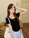 White Shoulder Folds To The Waist Short-Sleeved T-Shirt 2026 Summer New Slimming Hottie Short Top