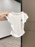 Round Collar Front Shoulder Short-Sleeved T-Shirt Girl Body Design Small Folds To The Waist Top Summer 2025 New
