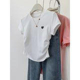 Short-Sleeved T-Shirt Female Gray Love Embroidery Short Model 2025 New Design Embroidery Shoulder Blouse Hottie