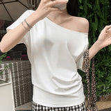 Korean Pure Cotton Oblique Shoulder Shoulder Two Short-Sleeved T-Shirt Women 2025 Summer Light And Cool Lazy Loose Top