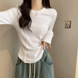 White Long-Sleeved Bottom Shirt Women In Autumn And Winter With A Short Fish Bone Top Design Embroidered Plus Velvet Hair T-Shirt