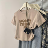 Positive Shoulder Cotton Short-Sleeved T-Shirt Girl 2025 New Summer Letter Folding Body Chic Small Short Top