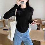Early Autumn New Round Collar Shoulder Long-Sleeved T-Shirt Woman With Design Curved Hem Fish Bone Top