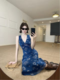 French Retro V-Neck Vest Dress Women's Summer Temperament Tibetan Blue Long Dress Niche Skinny A-Shaped Skirt