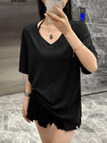 Lazy Boyfriend Wind Loose Deep V-Neck Half-Sleeved T-Shirt Girl Summer Leisure Long-Term Large Version Of The Pure Color Top Tide