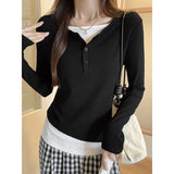 Fake Two Splicing Long-Sleeved Women's T-Shirts In Autumn To Put On The Waist To Show Skinny Exquisite Bottom Shirt Top