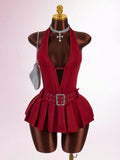 New Fashion Solid Color Body Sexy Waist Hanging Back Deep V Folded Short Dress Dress Dress Woman