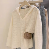 Hook Flower Hollow Long-Sleeved Knitted Shirt Women 2025 Spring New Hooded Hard Shirt Loose Thin Top