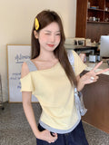 Korean Slanted Shoulder Design Fake Two Short-Sleeved T-Shirt 2026 Summer New Ditic Thin Loose Temperament Top