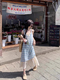 Blue Lattice Dress Dress Dress Dress Women Summer New Fake Two Splicing Lace Niche Design Long Dress