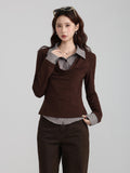 Korean College Style Fake Two Striped Shirt Collar Long Sleeves Of Women 2026 Autumn Slimming Inside The Bottom Of The Top