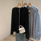 White Shoulder U Collar Long-Sleeved T-Shirt Women In The Early Autumn To Take A Loose Lazy Wind Feel To Wear A Bottom Shirt