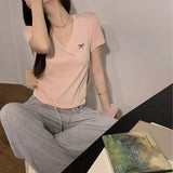 Korean Popular Dopamine Wearing Short-Sleeved T-Shirts For Women's Summer New Bow Embroidery Design Small Blouse