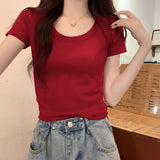 Solid Color Round Collar Front Shoulder T-Shirt Girls Summer Cotton Elastic Display Thin Babes Cover Short Sleeve Top