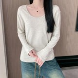 Pure White U-Necked Shirt Long-Sleeved T-Shirt Women's Early Autumn Lazy Relaxed Leisure Pure Cotton On The Basis Of Clothing