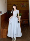 Korean Blue Polo Collar Short-Sleeved Dress Women's Summer Strapped Dress Design Feel Waist Swing Long Dress