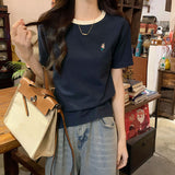 Design-Sensitive Small Embroidered Short-Sleeved Top Women 2026 Summer New Waffle Round Collar Straight Shoulder T-Shirts