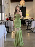 Net Yarn Spliced Green Sling Dress Women's Summer Fishtail Dress Design Feel-Bice Long Skirt