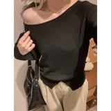 French Out-Of-Shoulder Button Open-Sleeved Knitted Shirt Girl Autumn Word On The Shoulder To Play The Bottom Of The Beautiful Short Top