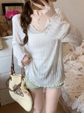 Korean Sweet Wooden Ear Long-Sleeved T-Shirt Girl Spring And Summer Thin Slim Lazy Outside With Sun Protection Shirt Tops