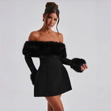 Women's Winter New Elegant Collar Hair Splicing Shoulder Design Tight Height Waist Dress