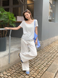 High-End Temperament Striped U Collar Collar Loose Collar Loose Short-Sleeved T-Shirt For Women's Summer New Casual Thin Top