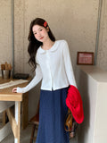White Doll Collar Long-Sleeved T-Shirt Women's Bottom Shirt 2026 Autumn Collar Cardigan Design Repair On The Body