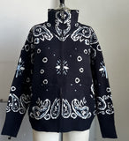 New Niche Print Casual Languid Knitted Collar Zip Open-Sleeved Sweater
