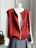 Ladies Literary And Artistic Solid-Colored Cardigan Vest Spring And Autumn Loose Stacked Vest Wearing Round Collared Hornwood Knitted Jersey Clip