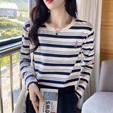 Pure Cotton Bear Embroidered Striped Spring And Autumn Long-Sleeved T-Shirt Woman 2025 New Loose Tie Bottom Collar On The Clothes