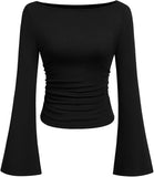 Hottie Solid Color Boat Collar Horn Sleeve T-Shirt Girl 2025 Autumn Dress Folds Thin Tops Long Sleeve