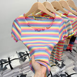 Pure Cotton Shoulder Rainbow Striped Short-Sleeved T-Shirt For Summer New Design Wood Ear Collar Body Dress