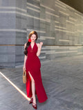 Pure Wind Red Hanging Neck Dress Women's Spring New Sexy Open Fork Dress Bag Hip Dress