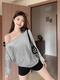 Lay-Shouldered Cotton Long-Sleeved T-Shirt Women's Autumn Pure Lusty Collarbone Lazy And Slacken The Bottom Shirt A Word On The Shoulder