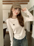 Embroidered Round Collar Shoulder Long-Sleeved T-Shirt Girl Autumn Folded Waist Repair Inside The Beautiful Bottom Shirt