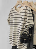 Crash Striped Short-Sleeved T-Shirt Women 2025 New Summer Loose Visky Retro Embroidery Top