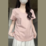 Short-Sleeved Women's Summer 2025 New Pink Shoulder T-Shirt Korean Loose Simple Leisure Thin U Collar Top