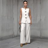 Women's Fashion Gold Buttoned Vest Trousers Two-Piece Casual Suit Women