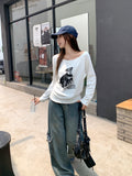 Lazy White Puppy Prints Oblique Shoulder Long-Sleeved T-Shirt Girl 2026 Early Autumn Side-To-Shoulder Relaxation Top