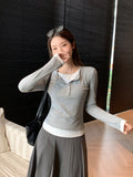 Flower Ash Fake Two Splicing V-Neck Long-Sleeved T-Shirt Women 2026 Autumn New Slimy Button Bottom Shirt Top