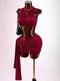 New Solid Color Body Sexy Hot Lace Hollow Sleeveless Short Top Coat Ass Skirt Suit Woman