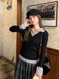 New Color Fake Two Knitted Bottom Shirt Women's Spring Suit With Polo Collar Horn Long-Sleeved Temperament Sweater Top