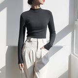Small Collar White Bottoming Shirt With Autumn And Winter Plus Velvet Blouse Female Velvet Long-Sleeved T-Shirt Half-High Collar