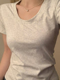 U-Neck Gray With Short-Sleeved T-Shirt For Girls Summer Slime Half-Sleeved Top Low-Necked Shoulder Trussins